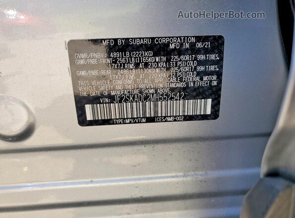 JF2SKADC2MH552542 2021 SUBARU FORESTER Серебряный Панорамный вид салона 360°
