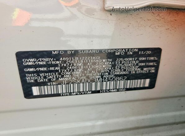 JF2SKADC3MH450862 2021 SUBARU FORESTER White Widok naklejki z numerem VIN