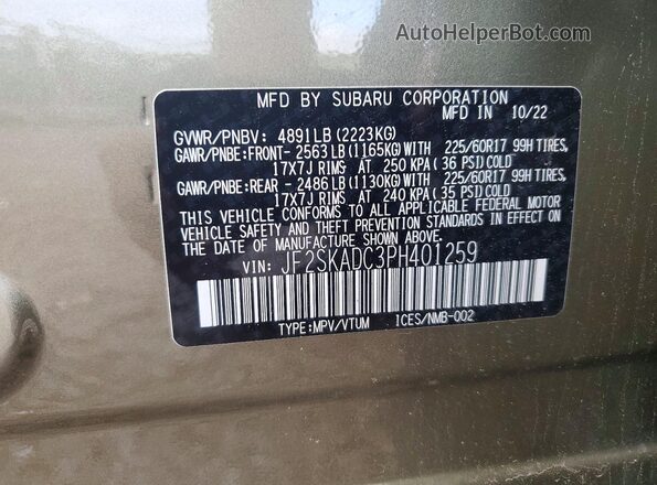 JF2SKADC3PH401259 2023 SUBARU FORESTER Green Widok wnętrza 360 stopni