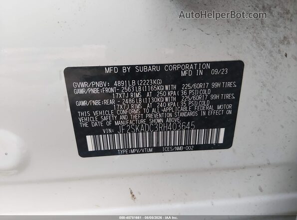 JF2SKADC3RH403645 2024 SUBARU FORESTER White Вид підкапотного простору