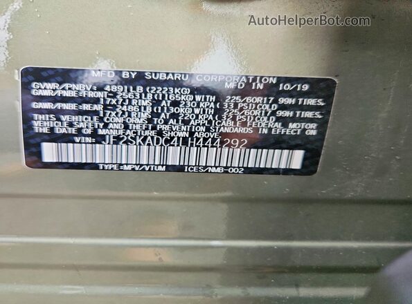 JF2SKADC4LH444292 2020 SUBARU FORESTER Green Вид наклейки з VIN-кодом