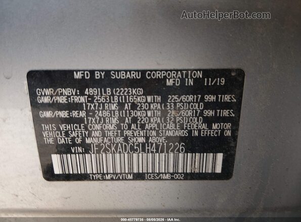 JF2SKADC5LH471226 2020 SUBARU FORESTER Silver Вид підкапотного простору