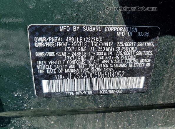 JF2SKADC5RH503052 2024 SUBARU FORESTER Зеленый Панорамный вид салона 360°
