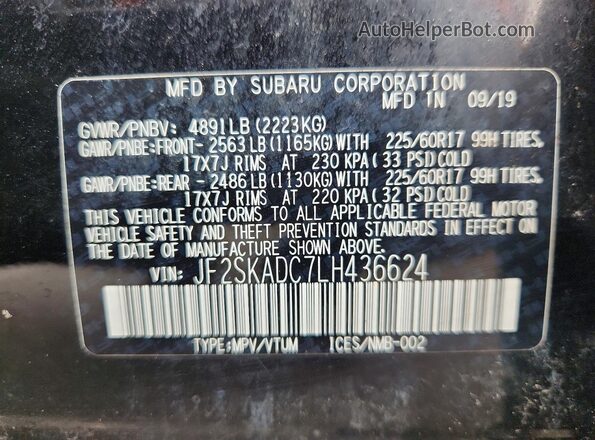 JF2SKADC7LH436624 2020 SUBARU FORESTER Black Widok naklejki z numerem VIN