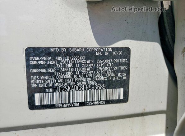 JF2SKADC8LH593689 2020 SUBARU FORESTER White VIN კოდის სტიკერის ხედი