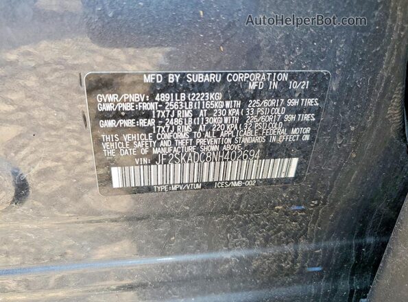 JF2SKADC8NH402694 2022 SUBARU FORESTER Gray VIN კოდის სტიკერის ხედი
