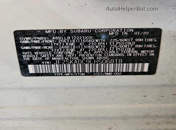 JF2SKADC9LH506818 2020 SUBARU FORESTER White Շարժիչի բաժամունքի տեսք