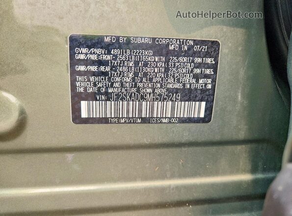 JF2SKADC9MH575249 2021 SUBARU FORESTER Зеленый Вид подкапотного пространства