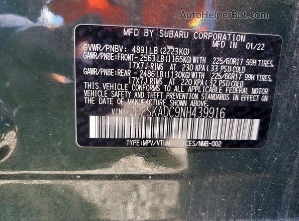 JF2SKADC9NH439916 2022 SUBARU FORESTER Green Widok naklejki z numerem VIN