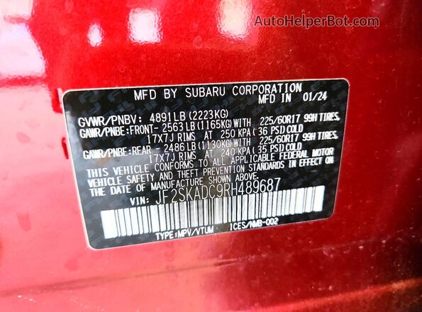 JF2SKADC9RH489687 2024 SUBARU FORESTER Red VIN sticker view