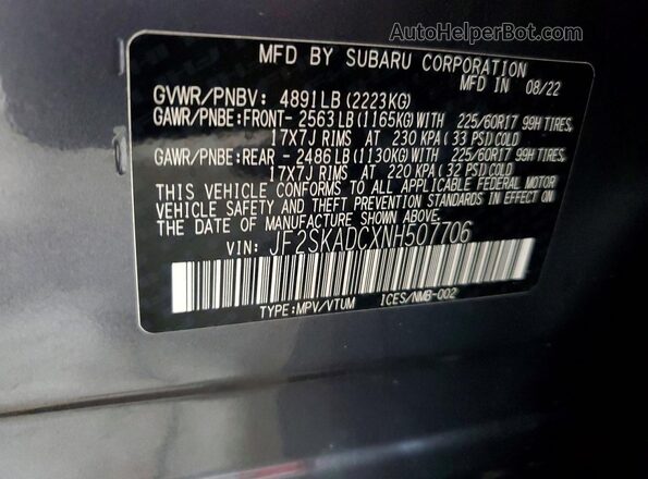 JF2SKADCXNH507706 2022 SUBARU FORESTER Charcoal VIN կոդի պիտակի տեսք