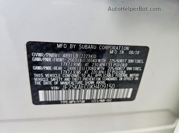 JF2SKAEC0KH409150 2019 SUBARU FORESTER White Vista interior de 360 grados