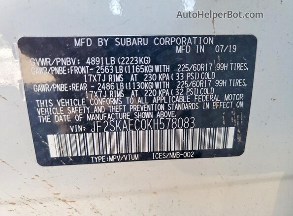 JF2SKAEC0KH578083 2019 SUBARU FORESTER White VIN sticker view