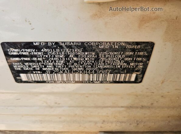 JF2SKAEC2KH443087 2019 SUBARU FORESTER White Widok naklejki z numerem VIN