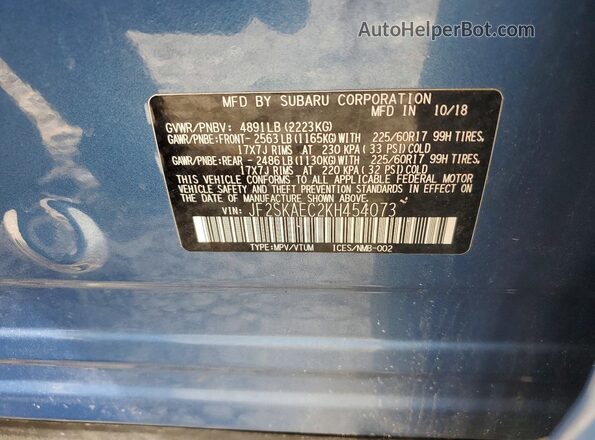 JF2SKAEC2KH454073 2019 SUBARU FORESTER Blue Vista de la etiqueta del VIN