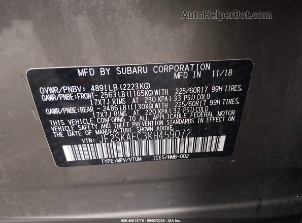 JF2SKAEC3KH459072 2019 SUBARU FORESTER Brown Вид підкапотного простору
