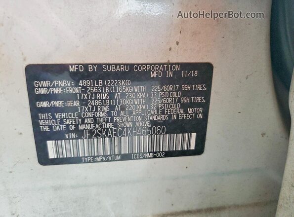 JF2SKAEC4KH465060 2019 SUBARU FORESTER White Շարժիչի բաժամունքի տեսք