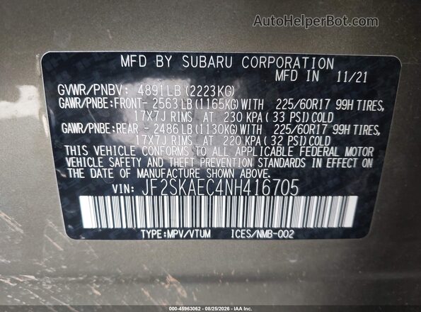 JF2SKAEC4NH416705 2022 SUBARU FORESTER Green Вид підкапотного простору