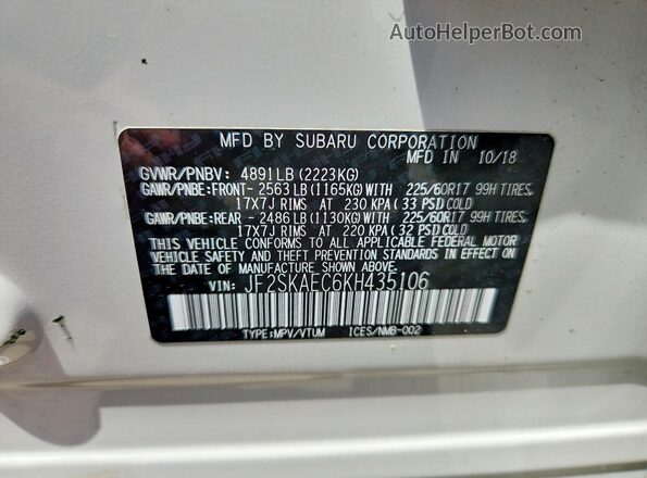 JF2SKAEC6KH435106 2019 SUBARU FORESTER White Vista interior de 360 grados