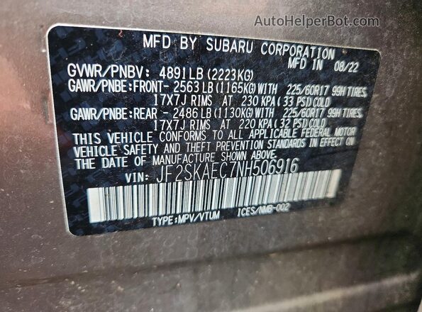 JF2SKAEC7NH506916 2022 SUBARU FORESTER Tan Вид наклейки з VIN-кодом