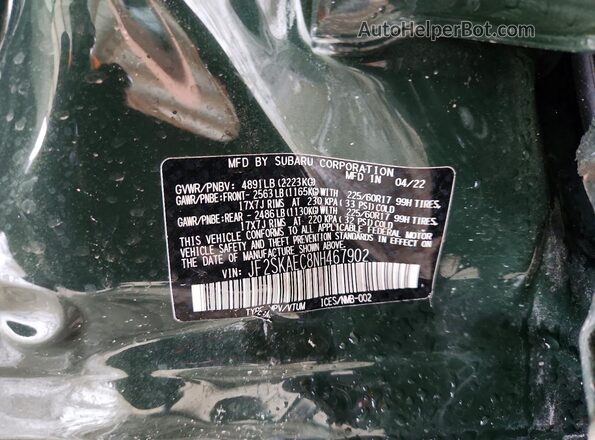 JF2SKAEC8NH467902 2022 SUBARU FORESTER Green Vista del compartimento del motor