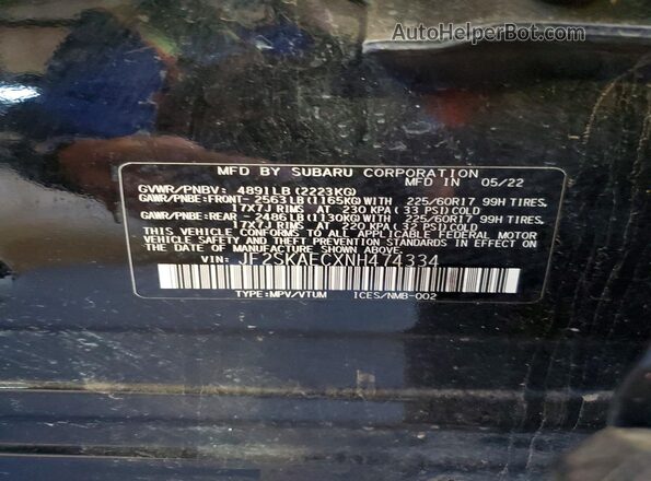 JF2SKAECXNH474334 2022 SUBARU FORESTER Черный Панорамный вид салона 360°