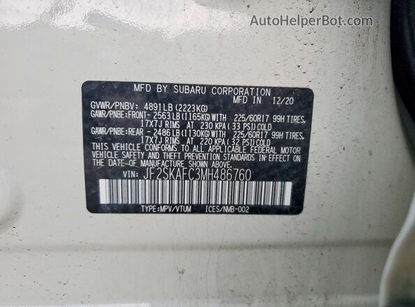 JF2SKAFC3MH486760 2021 SUBARU FORESTER White 360 interior view