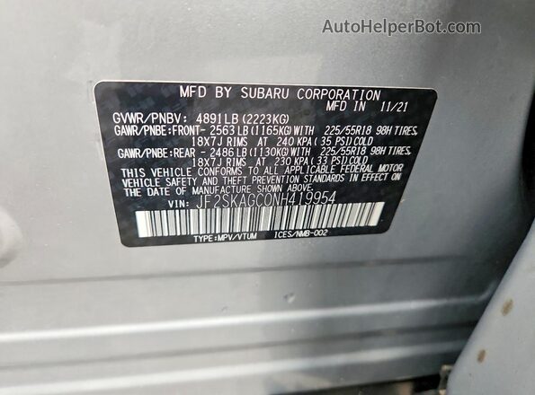 JF2SKAGC0NH419954 2022 SUBARU FORESTER Gray Widok naklejki z numerem VIN