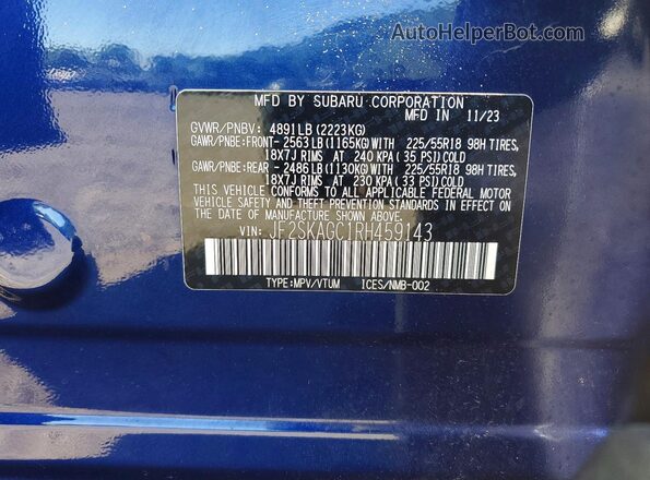 JF2SKAGC1RH459143 2024 SUBARU FORESTER Blue VIN კოდის სტიკერის ხედი