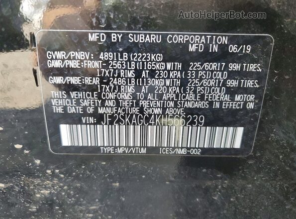JF2SKAGC4KH566239 2019 SUBARU FORESTER Черный Вид наклейки с VIN-кодом