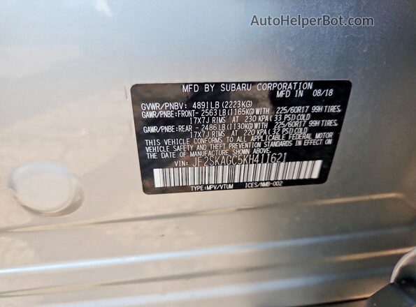 JF2SKAGC5KH411621 2019 SUBARU FORESTER Silver VIN კოდის სტიკერის ხედი