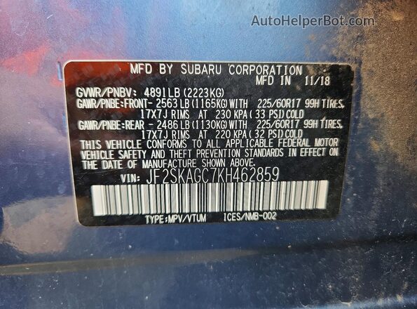 JF2SKAGC7KH462859 2019 SUBARU FORESTER Blue Engine compartment view