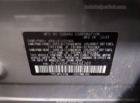 JF2SKAHC1RH484249 2024 SUBARU FORESTER Silver Vista del compartimento del motor