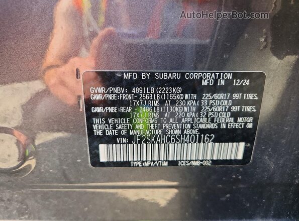 JF2SKAHC6SH401162 2025 SUBARU FORESTER Gray Vista interior de 360 grados