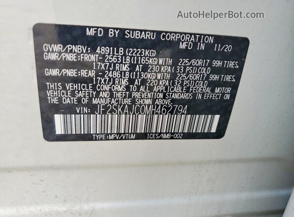 JF2SKAJC0MH462794 2021 SUBARU FORESTER White VIN կոդի պիտակի տեսք