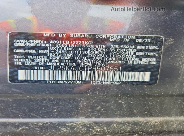 JF2SKAJC1PH507651 2023 SUBARU FORESTER Gray VIN կոդի պիտակի տեսք