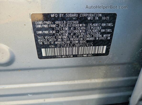 JF2SKAJC2MH592415 2021 SUBARU FORESTER Silver Widok wnętrza 360 stopni