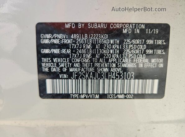 JF2SKAJC3LH453103 2020 SUBARU FORESTER White Vista de la etiqueta del VIN