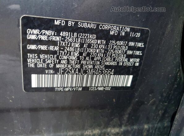 JF2SKAJC3MH463664 2021 SUBARU FORESTER Gray VIN კოდის სტიკერის ხედი