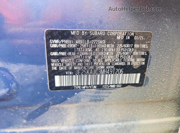 JF2SKAJC3MH491206 2021 SUBARU FORESTER Синий Вид наклейки с VIN-кодом