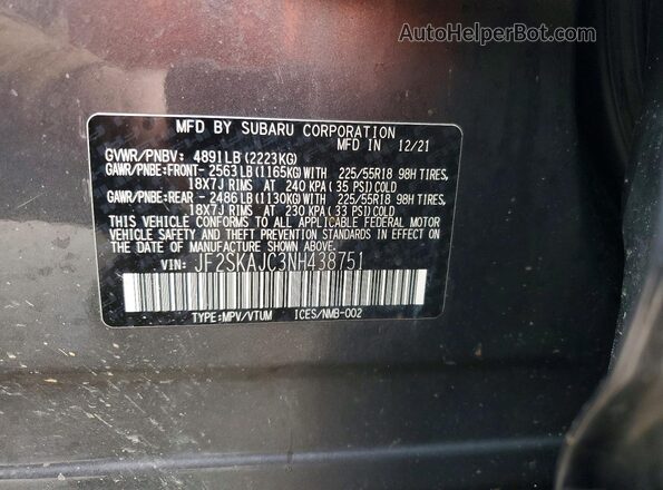 JF2SKAJC3NH438751 2022 SUBARU FORESTER Gray ძრავის განყოფილების ხედი