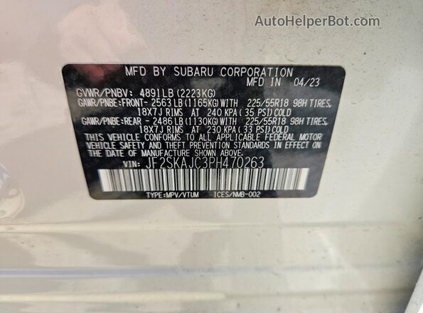 JF2SKAJC3PH470263 2023 SUBARU FORESTER White Սալոնի 360 աստիճան տեսք