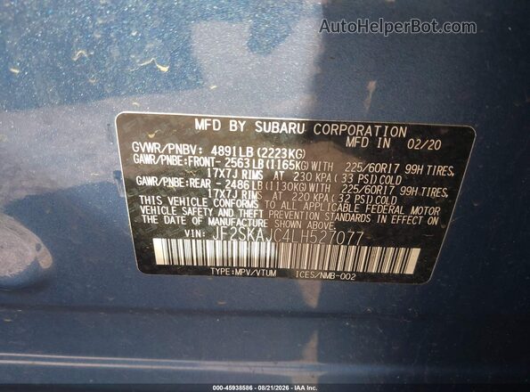 JF2SKAJC4LH527077 2020 SUBARU FORESTER Синий Вид подкапотного пространства