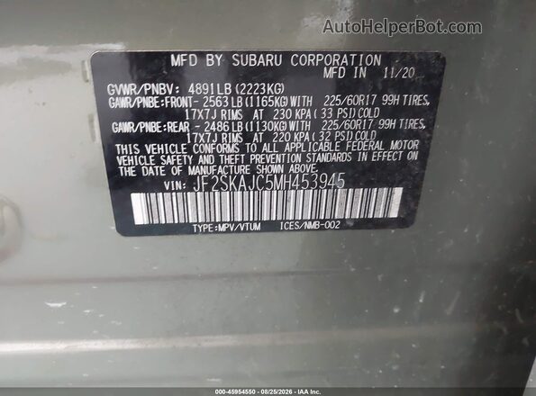 JF2SKAJC5MH453945 2021 SUBARU FORESTER Green ძრავის განყოფილების ხედი