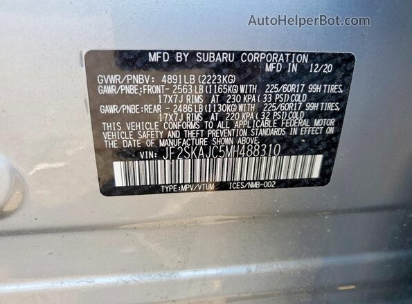 JF2SKAJC5MH488310 2021 SUBARU FORESTER Серебряный Вид наклейки с VIN-кодом