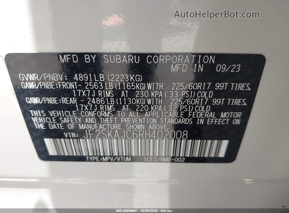 JF2SKAJC6RH402008 2024 SUBARU FORESTER Белый Вид подкапотного пространства