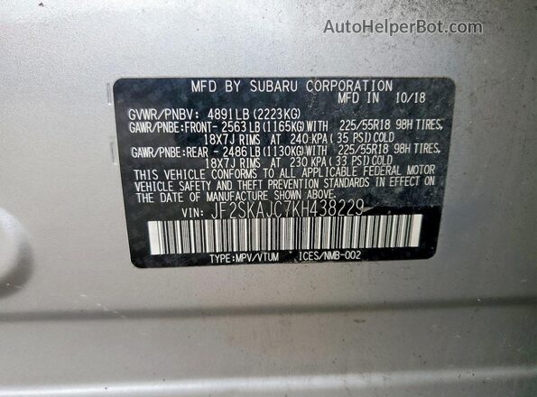 JF2SKAJC7KH438229 2019 SUBARU FORESTER Gray Engine compartment view