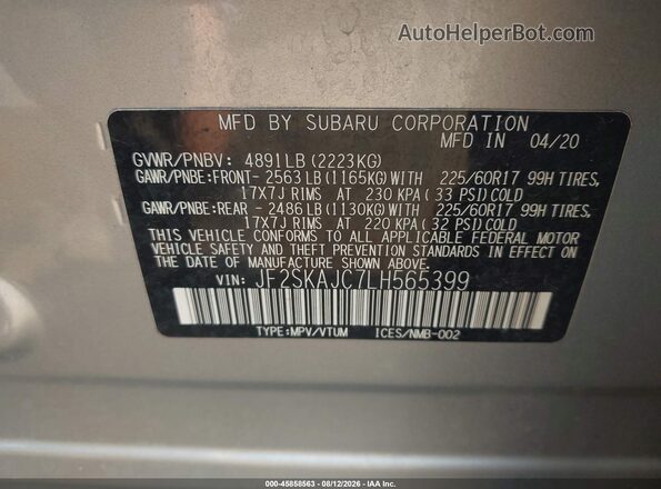 JF2SKAJC7LH565399 2020 SUBARU FORESTER Silver ძრავის განყოფილების ხედი