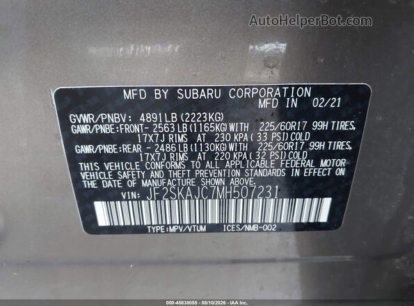 JF2SKAJC7MH507231 2021 SUBARU FORESTER Серый Вид подкапотного пространства