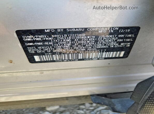 JF2SKAJCXLH493517 2020 SUBARU FORESTER Silver VIN կոդի պիտակի տեսք